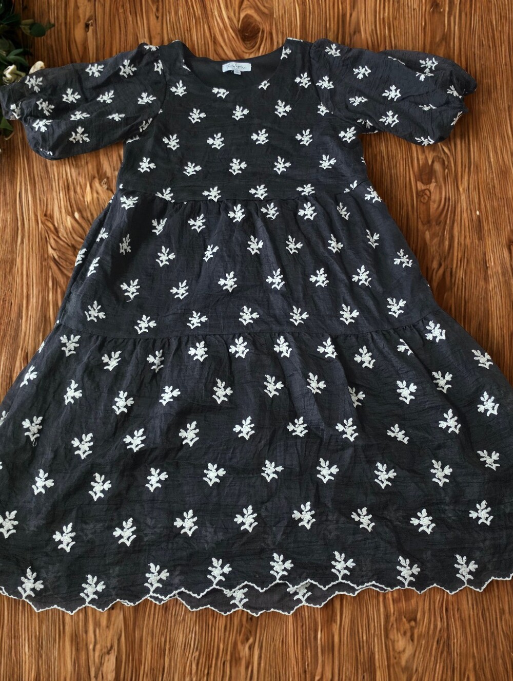 Black Embroidered Puff-Sleeve Midi Dress